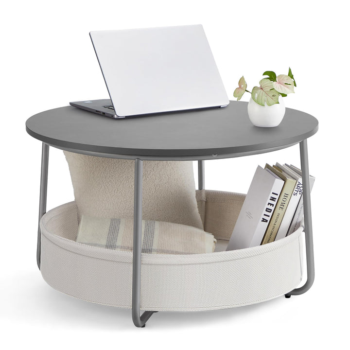 VASAGLE Couchtisch rund, Tisch mit Stauraum, Beistelltisch, Wohnzimmertisch mit Korb aus Stoff, mode