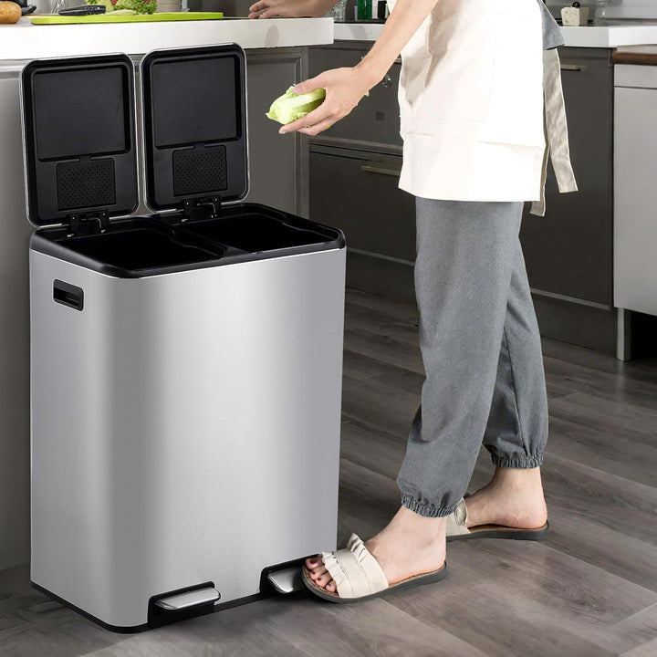 Mülleimer Küche,2 x 30L Mülltrennsystem Edelstahl Mülleimer 2 fächer tretmülleimer Doppeldeckel müll