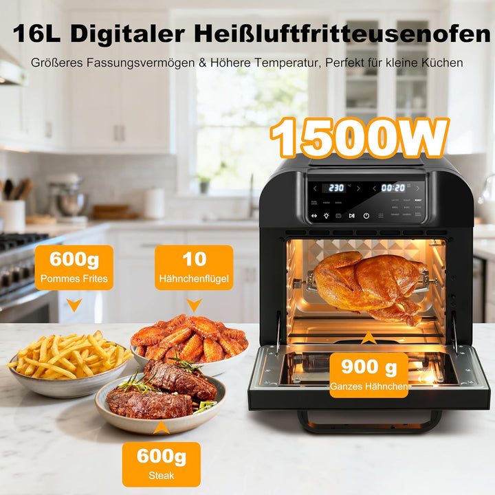 16L Heissluftfritteuse mit Rotisserie Grosse Kapazität Bis zu 230°C 12 smarte Kochfunktionen Air Fry