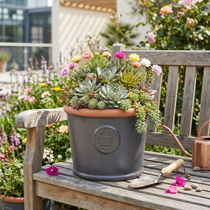 Pflanzgefäss Blumentopf Übertopf Krone Steinzeug glasiert Weiss Grau Türkis 34cm 45cm absolut Frostf