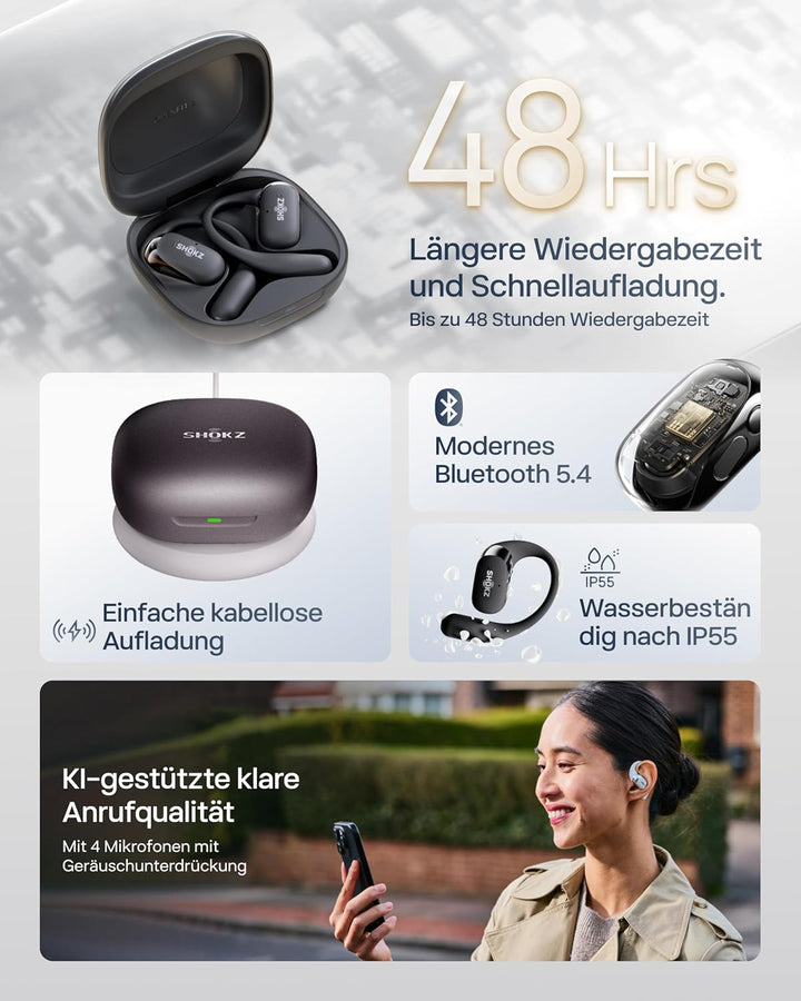 SHOKZ OpenFit 2+ Neu Open-Ear-Kopfhörer, Dolby Audio Ohrbügel-Ohrhörer, 48 Std. Spielzeit, IP55 wass