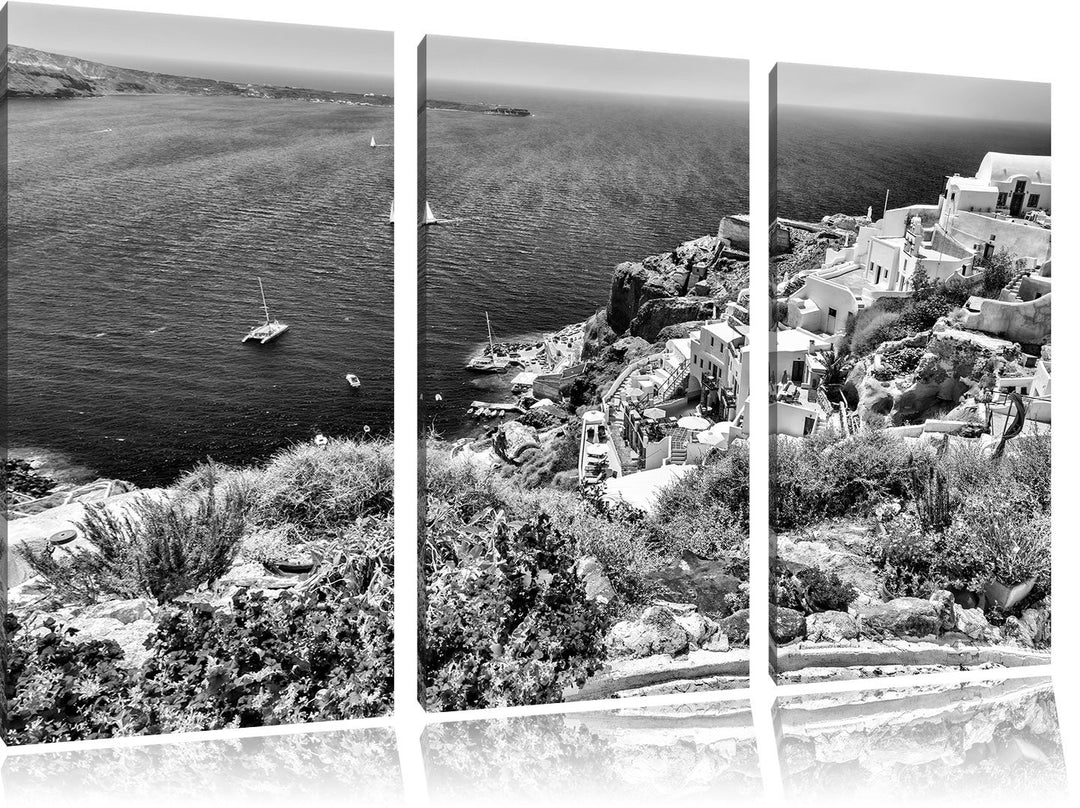 Pixxprint Monocrome, Griechische Küste 3-Teiler Leinwandbild 120x80 Bild auf Leinwand