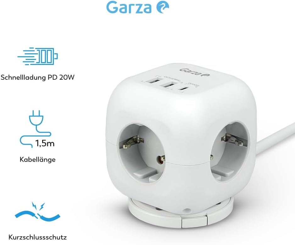 6-in-1-Steckdosenleiste CUBO mit 3 Schuko-Steckdosen, 2 USB-A- und 1 USB-C-PD20W-Anschluss, Schnelll