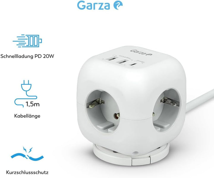 6-in-1-Steckdosenleiste CUBO mit 3 Schuko-Steckdosen, 2 USB-A- und 1 USB-C-PD20W-Anschluss, Schnelll