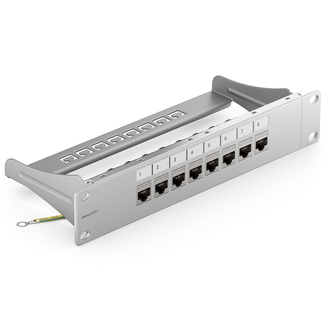 deleyCON 8 Port CAT7 Patchpanel SET Patchfeld Verteilerfeld Modular 1 HE 10" Zoll Rackeinbau + 8x CA