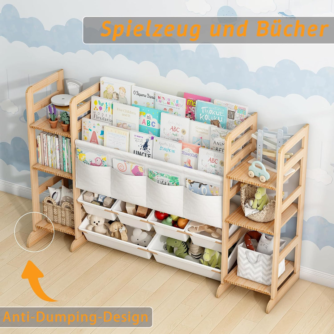 Spielzeug-Organizer Holz mit 16 Spielzeug Organizer 188cm Breit, Bücherregal Kinder Holz, Regal für