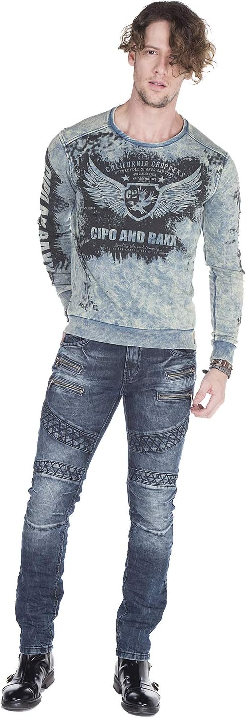 Cipo Baxx Herren Skinny Jeans Hose Biker Hose mit Zipper Slim Fit Denim Darkblue W30 L34