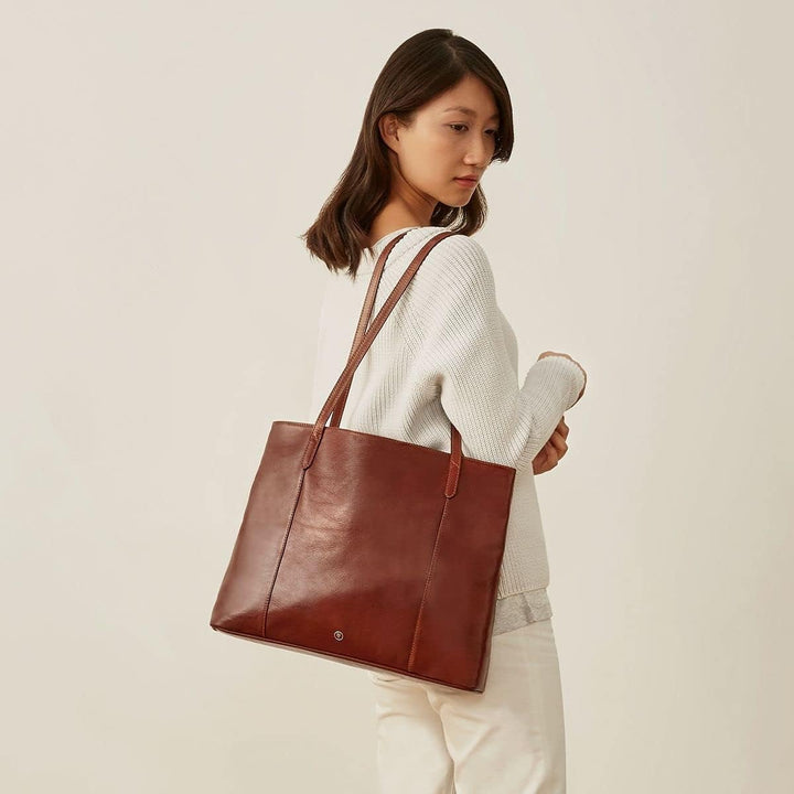 Maxwell Scott Italienischer Damen Leder Shopper Athenea in Cognac Braun, Cognac Braun