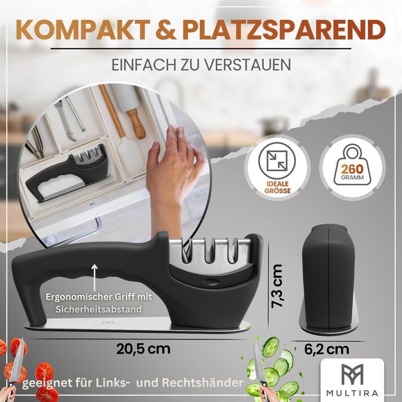 Messerschärfer | Messerschleifer 3-Stufen für Küchenmesser, Stahl- und Keramikklingen | rutschfeste