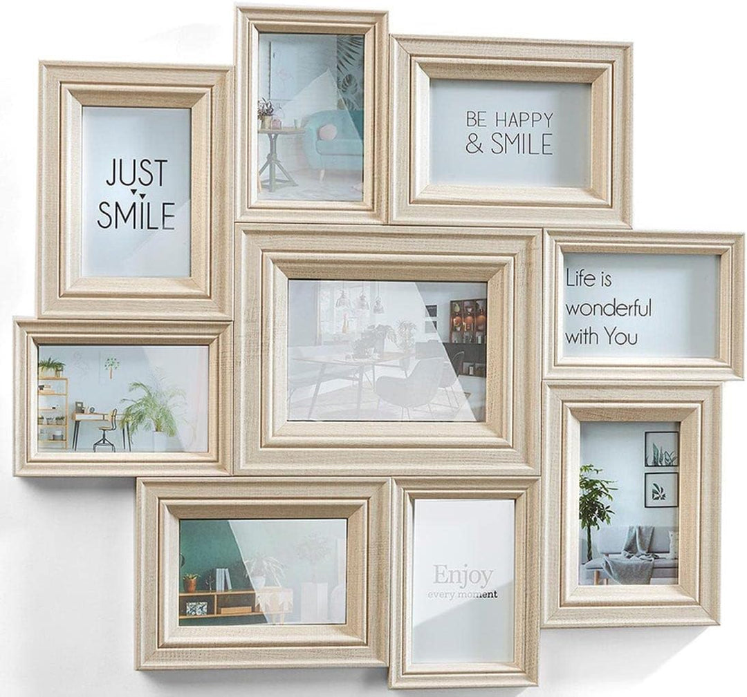 Kobolo Bilderrahmen Bilderhalter Collage BEIGE für 9 Bilder aus Holz in beige 10x15cm und 13x18cm, b