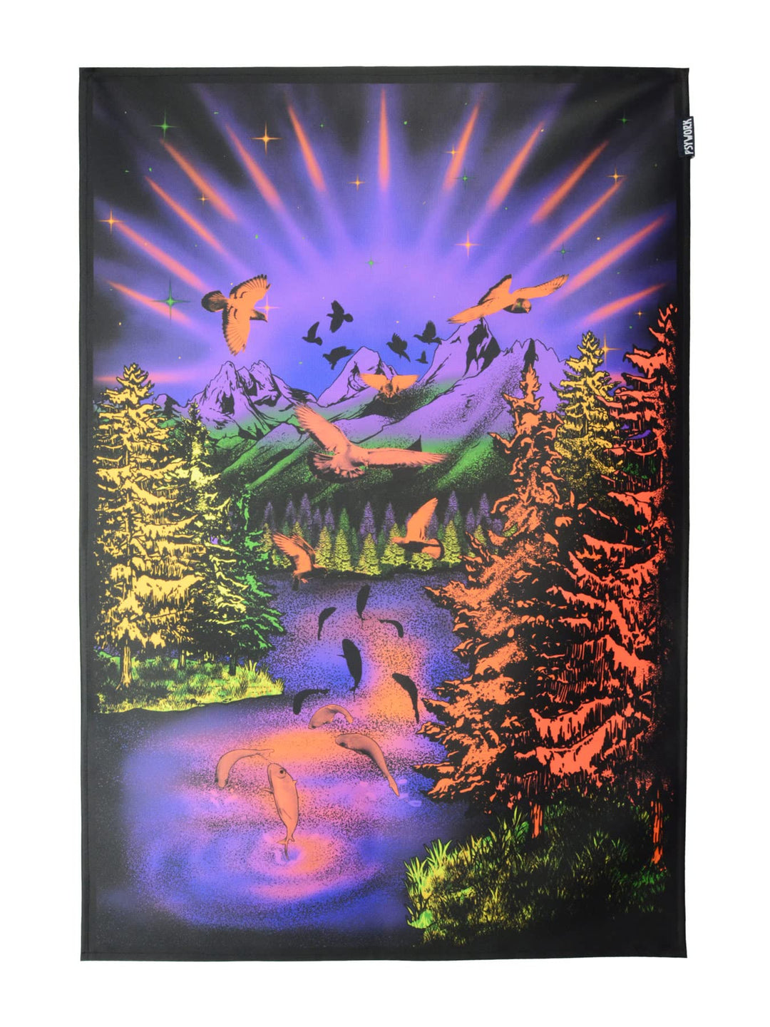 PSYWORK Schwarzlicht Stoffposter Neon | Chromadepth 3D Mountain Lake View | 0,6 x 0,9m | UV-aktiv |