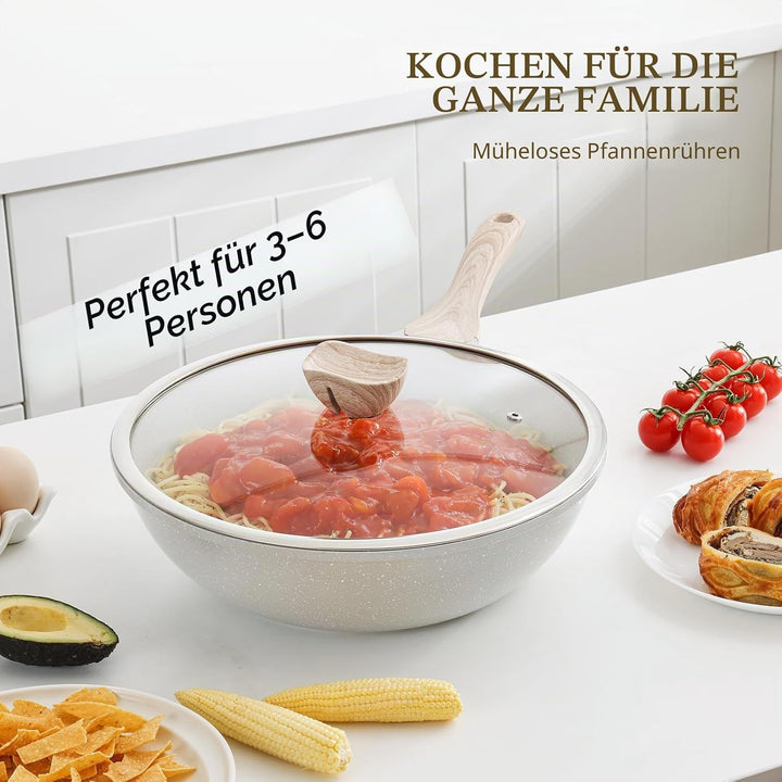 Kordisen Keramik-Wok 30 cm, Induktions-Wok mit Deckel, Antihaftbeschichtung, geeignet für alle Kochf