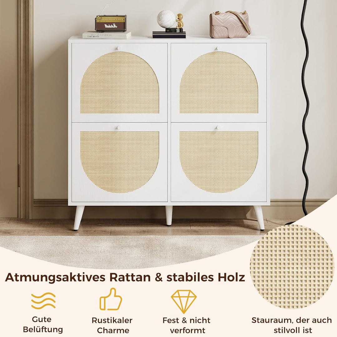 IRONCK Schuhschrank Rattan, schmal Schuhkipper mit 4 Klappen, freistehende Schuhregal, Schuhkommode