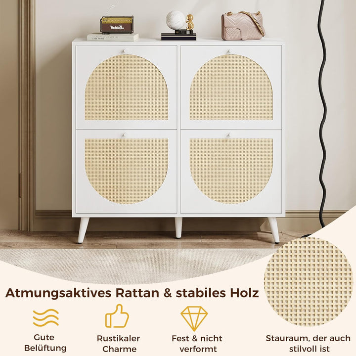 IRONCK Schuhschrank Rattan, schmal Schuhkipper mit 4 Klappen, freistehende Schuhregal, Schuhkommode