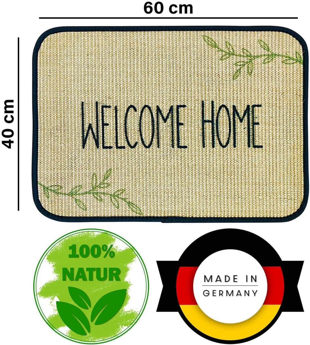 WohnDirect Eco-Sisal Fussmatte 40x60 - Fussmatte 100% Sisal - rutschfeste Türmatte Welcome - Kratzma