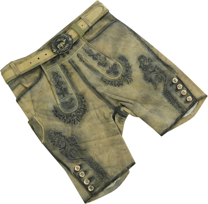 SiXsigma Sports Kurze Herren Trachten Lederhose mit Gürtel, Olive Meliert, Wildbockleder, Antik Okto