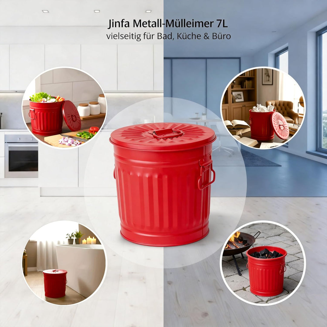 Mülleimer Kinderzimmer kleiner Metalleimer Blecheimer mit Deckel | Rot | Ø 21,5 cm, Höhe 21,5 cm, 7