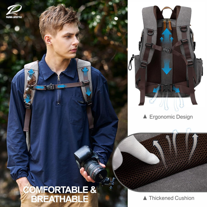 Padwa Lifestyle Kamerarucksack - Gewachstem Memory Canvas mit 16“ Laptop-/Objektivfach und Stativfac
