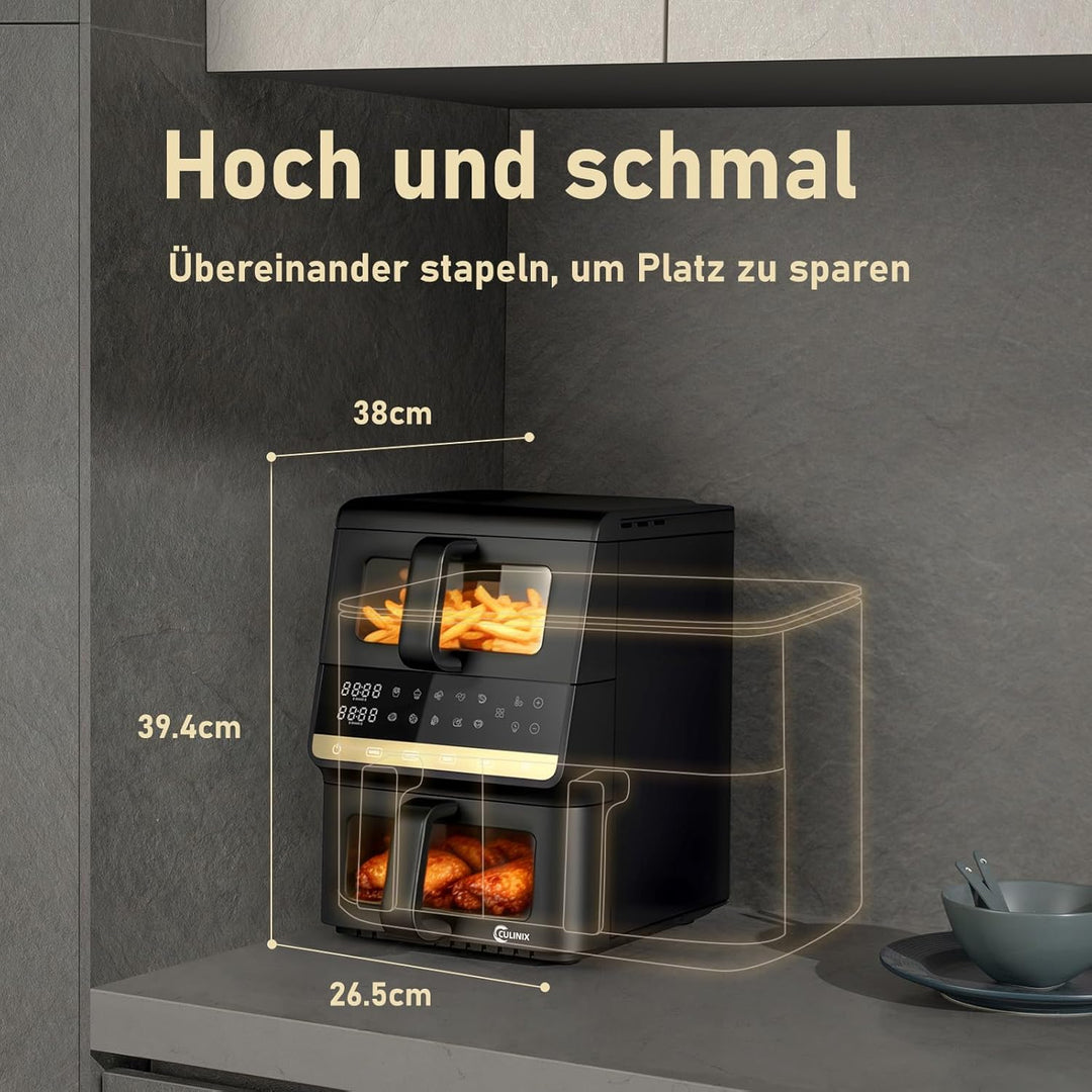 Heissluftfritteuse 2 Kammern, 10L Airfryer (3.5+6.5L) 10-in-1 vertikale Doppelkammer mit Dual & Sync