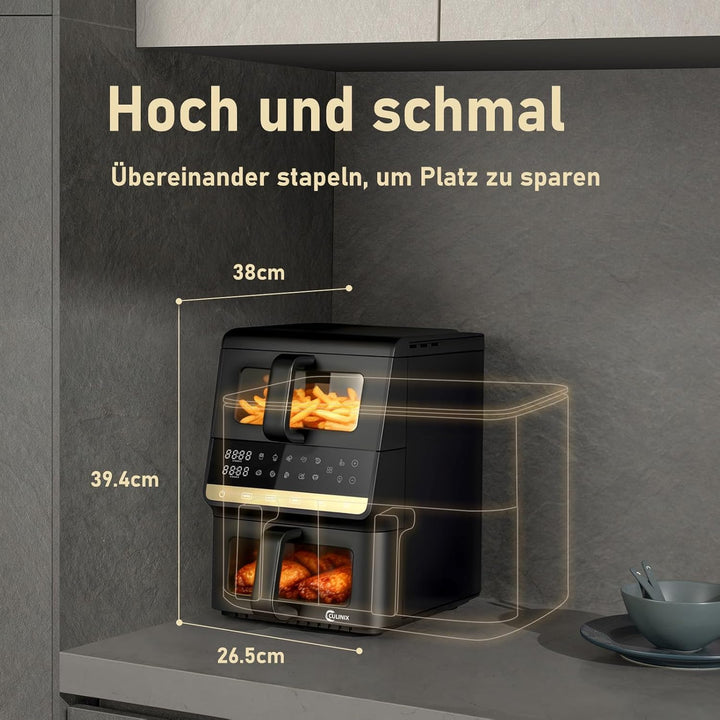 Heissluftfritteuse 2 Kammern, 10L Airfryer (3.5+6.5L) 10-in-1 vertikale Doppelkammer mit Dual & Sync
