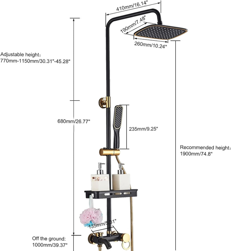 LENJKYYO Duscharmatur Duschset Schwarz Gold Duschsystem Regendusche inkl. Kopfbrause 3-Funktionen Ha