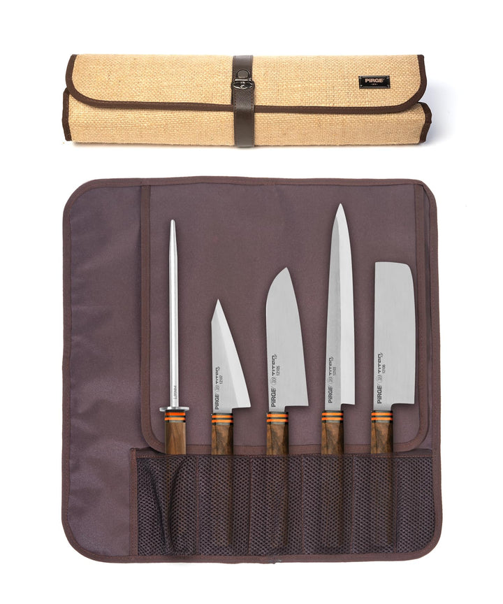 Pirge Titan Küchenmesser Set 5-teilig Santoku, Nakiri, Yanagiba, Honesuki - Rollbag einbezogen TITAN