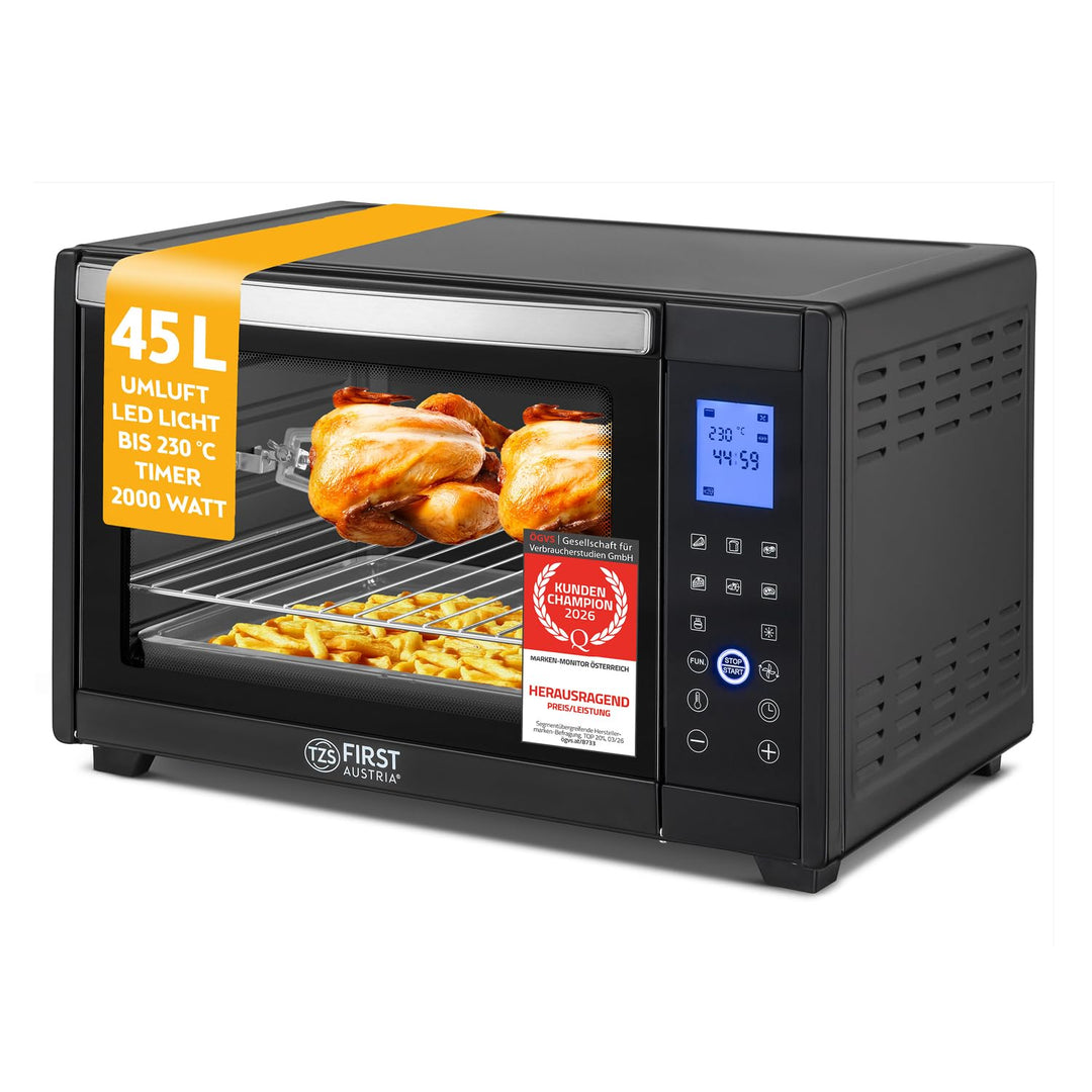 TZS First Austria Minibackofen, 45L, 2000 Watt, Digitalanzeige, kompakter Elektroofen für den Tischg