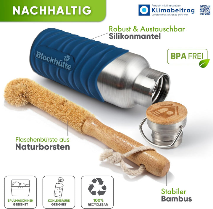 Blockhütte Edelstahl Trinkflasche 750ml I Wasserflasche Kohlensäure geeignet I Auslaufsicher, BPA-Fr