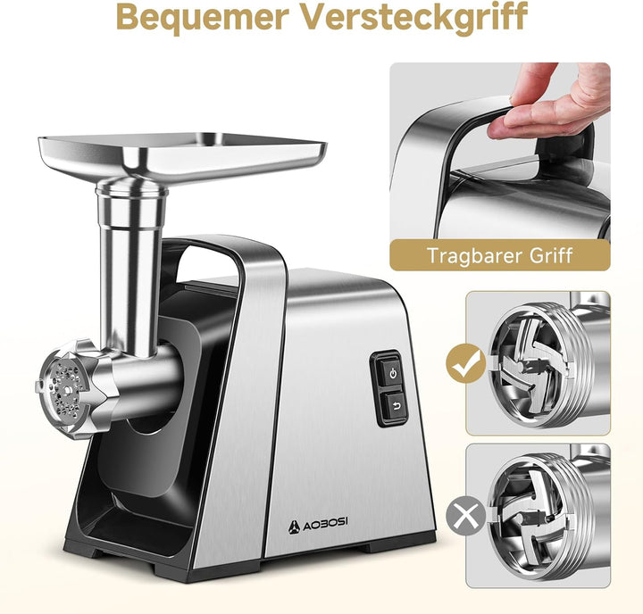 AAOBOSI Fleischwolf Elektrisch, 3-IN-1 [3000W Max] Multi Fleischwolf mit 3 Edelstahl-Schleifplatten,