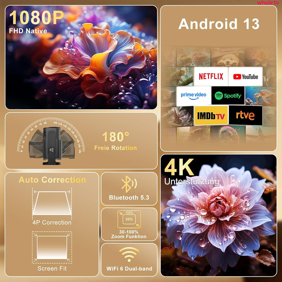 Salange Beamer,Kompatibel mit Netflix,4k heimkino Unterstützt,Handy Projektor Smart Mini Beamer für