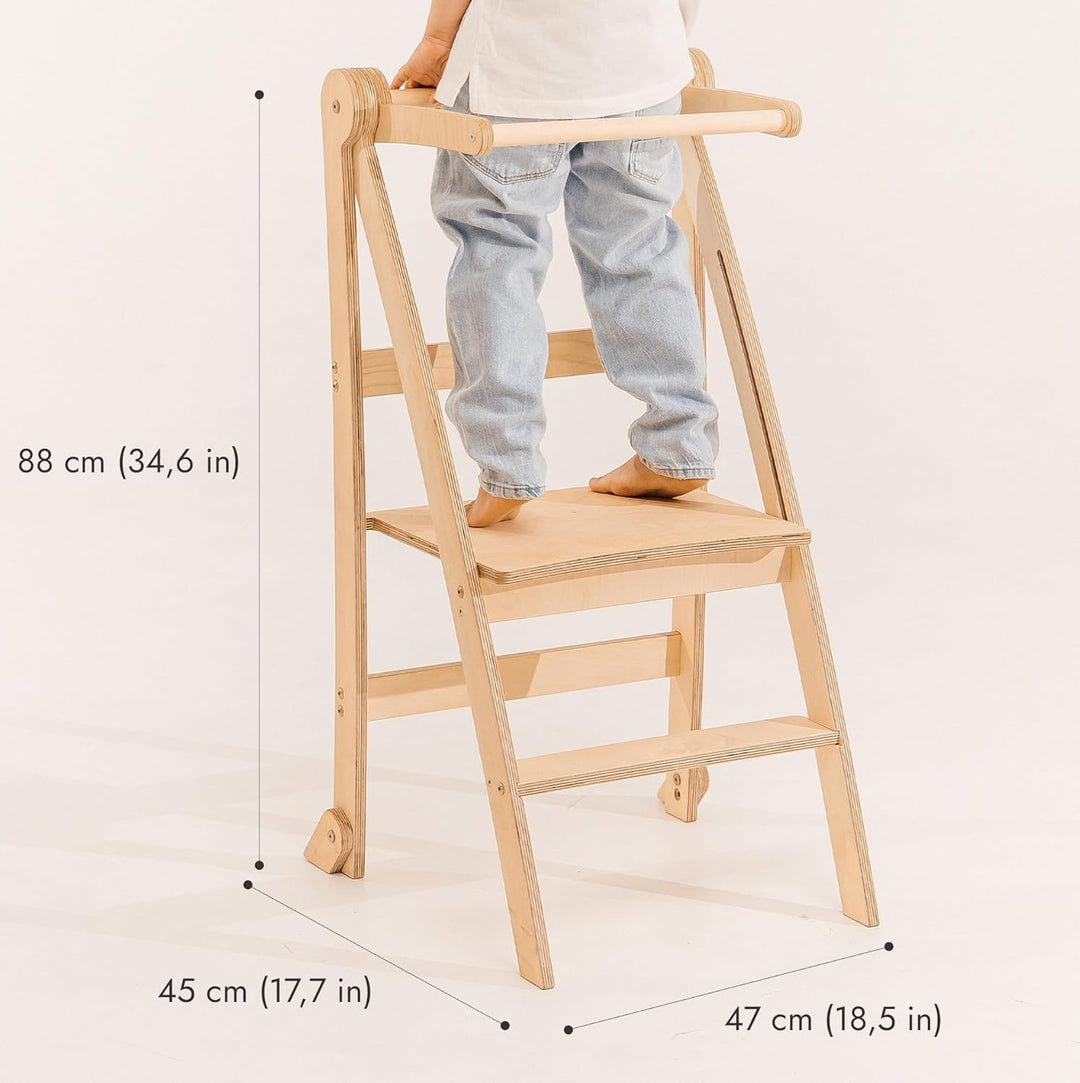 Goodevas Holz Lernleiter Montessori platzsparend: Klappbare Lernleiter, Hocker für Kinder, Faltbare