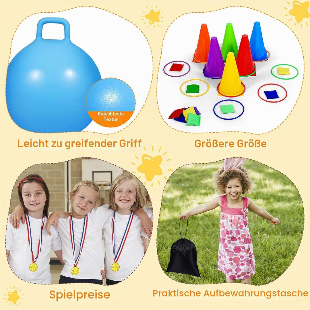 CWLAKON Outdoor-Karnevalsspiele, 53 Stück, Hopper-Bälle für Kinder, weiche Kunststoff-Kegel, Sitzsäc