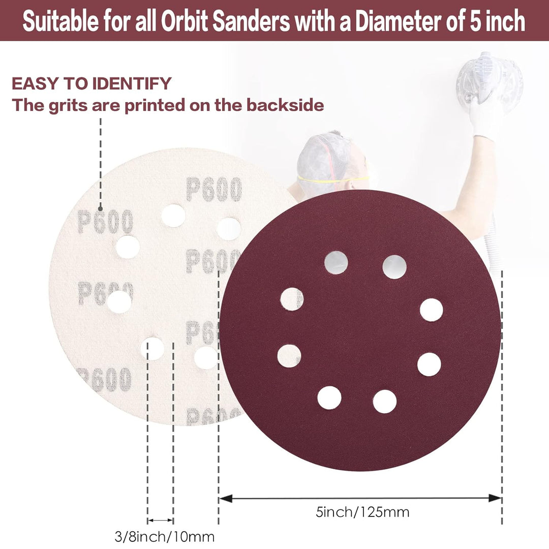 STEBRUAM 100 Stück Schleifpapier 125mm Klett 600 körnung,Profi 125 Schleifscheiben Rund 8 Loch für E