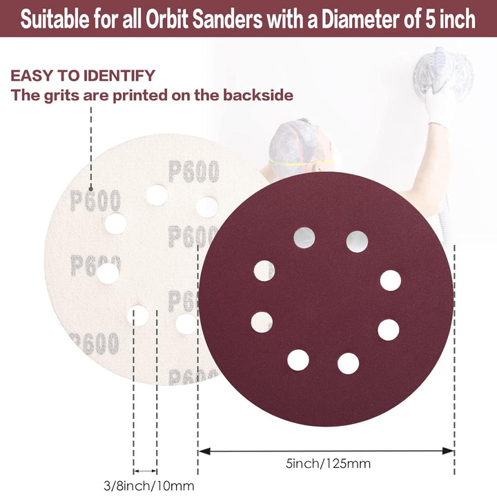 STEBRUAM 100 Stück Schleifpapier 125mm Klett 600 körnung,Profi 125 Schleifscheiben Rund 8 Loch für E