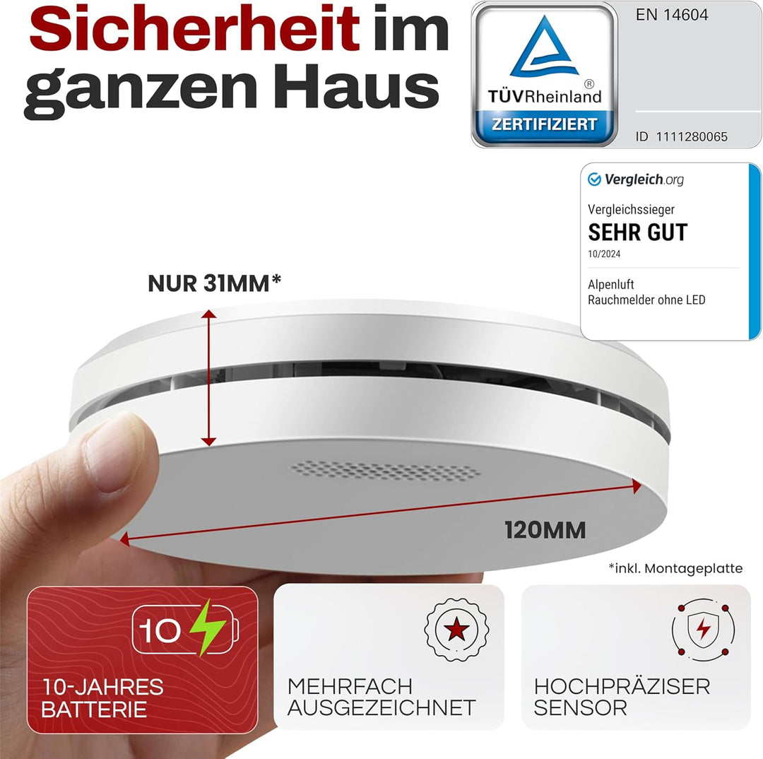 ALPENLUFT Rauchmelder 10 Jahre Batterie, Feuermelder Flach, Rauchwarnmelder, Brandmelder, | Ohne Boh
