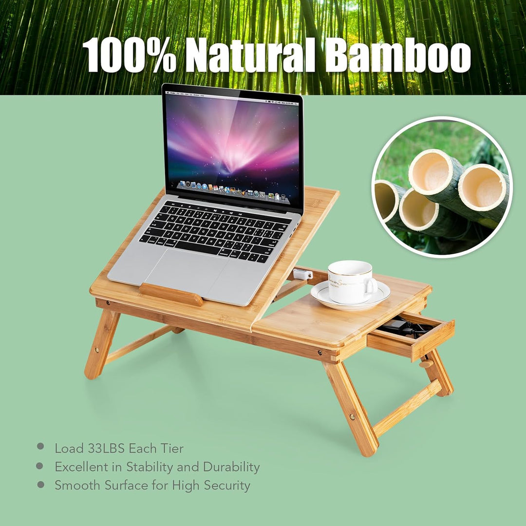 LIFEZEAL Laptoptisch Bambus fürs Bett, Höhenverstellbarer &amp; Klappbarer Betttisch, Tragbarer Betttabl