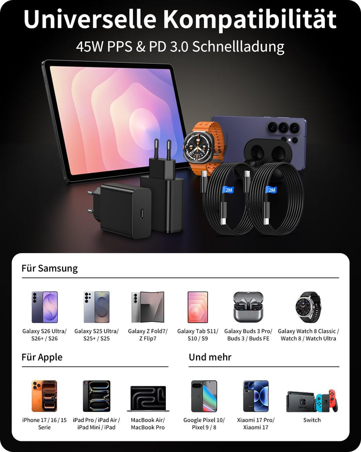 45W Ladekabel USB C Schnellladekabel Ladegerät für Samsung Galaxy S26 Ultra S25 S24 S23 S22 FE 5G A5