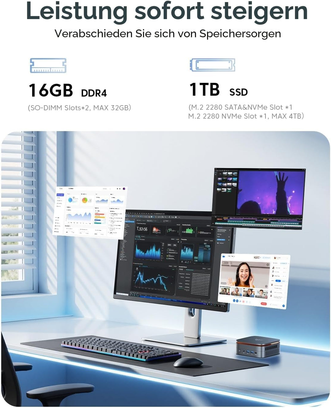 NiPoGi E1 Mini PC Ιntel Twin Lake N150(Aufgerüstet N100) Unterstützt W-11 Pro 16 GB RAM 1TB M.2 SSD,