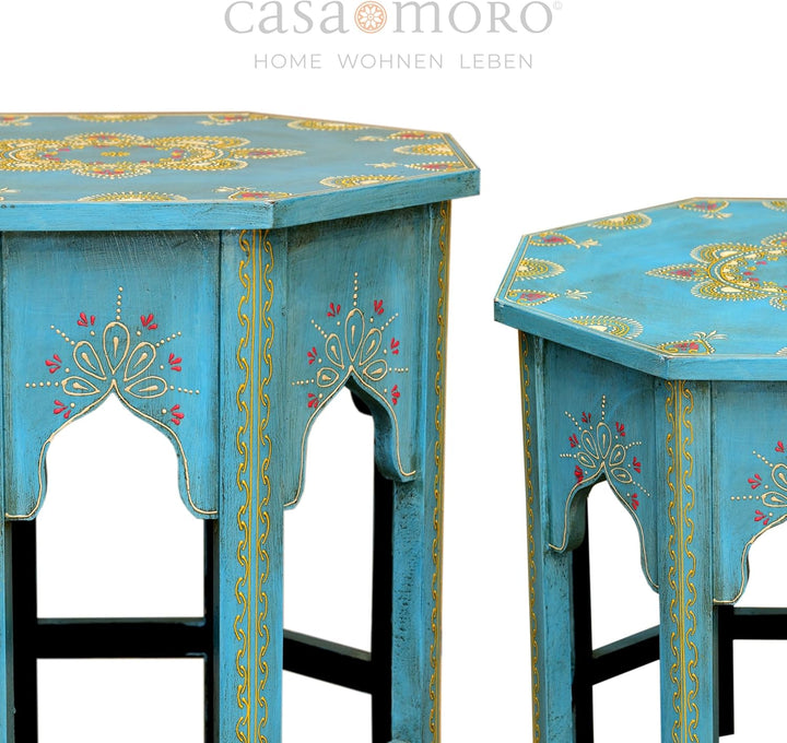 Casa Moro Orientalische Beistelltische 2er Set Saada Blau aus Massiv-Holz handbemalt Shabby Chic Cou