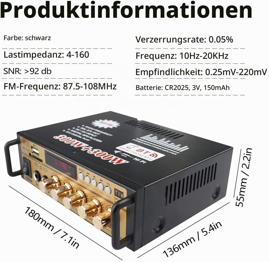 Etlephe Mini Verstärker,HIFI Verstärker,Bluetooth 5.0-Stereo Audio,12 V 220 V 600 W, 2 Kanäle, LCD-D