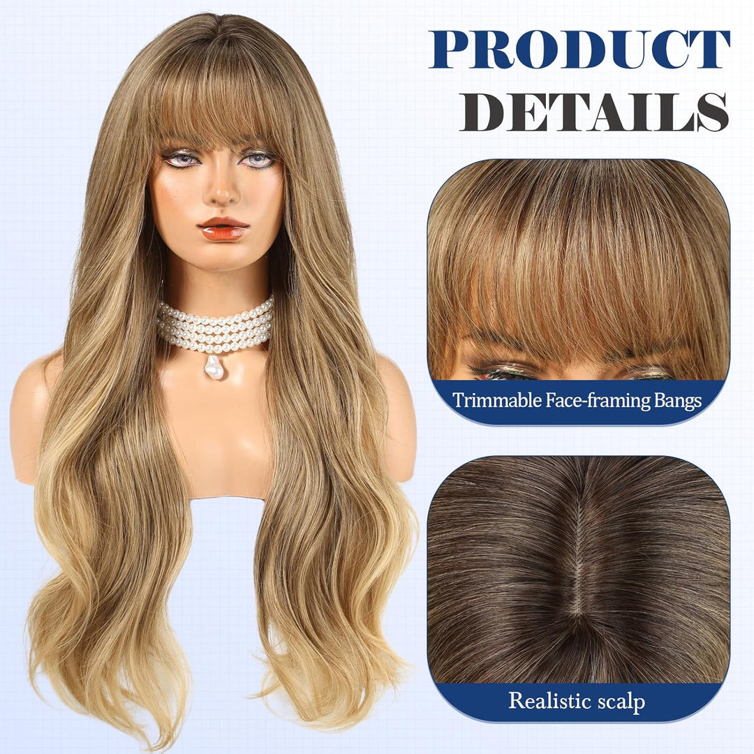 HAIRCUBE Lange blonde gemischte braune Perücke mit Pony, geschichtete lockige Perücken für Frauen, n