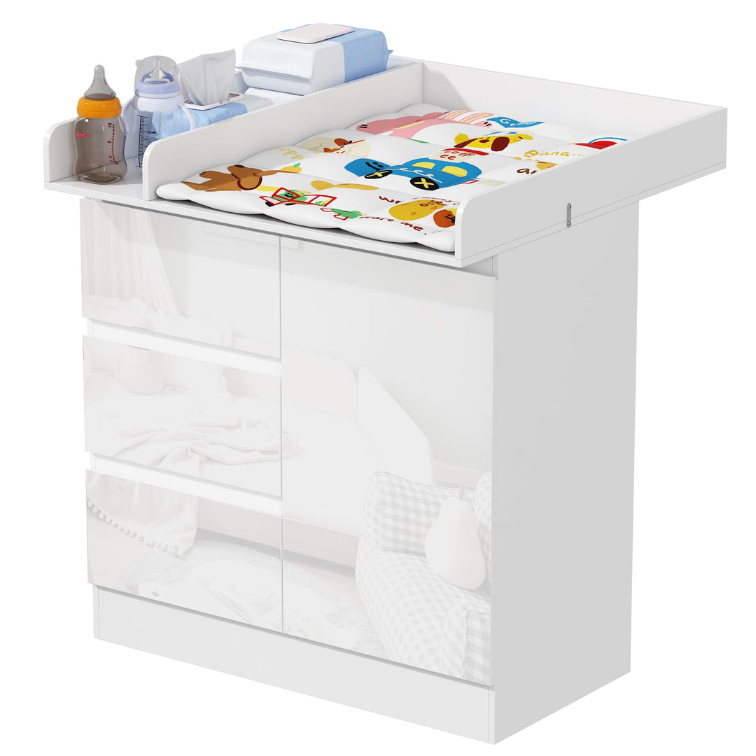 Wickelkommode mit Wickelaufsatz, Wickeltisch mit 3 Schubladen, Baby Kommode Abnehmbarem, Babyschrank