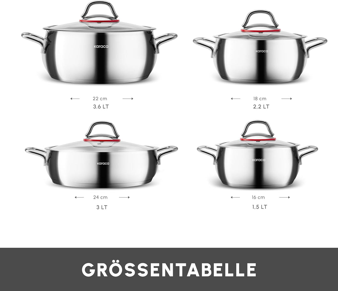 Karaca Emirgan 8-Tlg, Kochgeschirr Set aus Stahl Topfset, Kochgeschirr set, Kochtopfsets, Edelstahl,