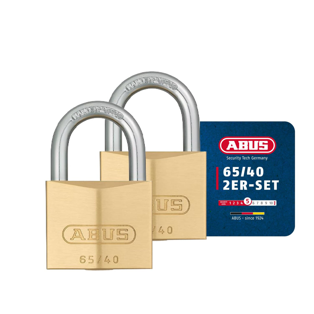 ABUS Vorhängeschloss Messing 65/40 - 2er Set, gleichschliessend - Kellerschloss, Spindschloss u. v.