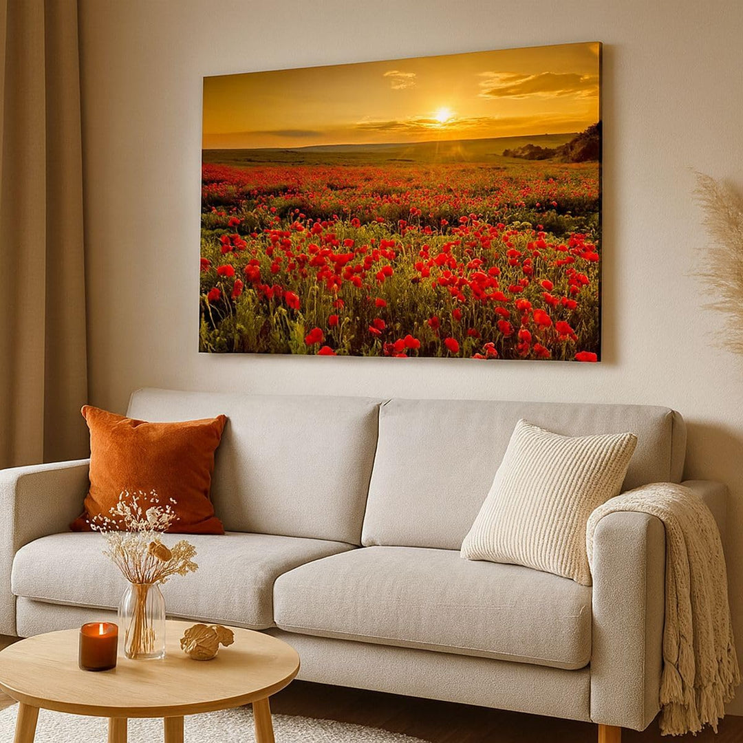 Bilder auf Leinwand 100x70cm Leinwandbild mit Rahmen Mohn Blume Wiese Gross Wanddeko Bild Schlafzimm