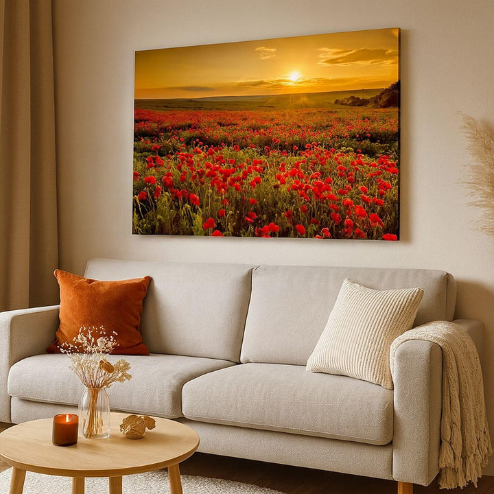 Bilder auf Leinwand 100x70cm Leinwandbild mit Rahmen Mohn Blume Wiese Gross Wanddeko Bild Schlafzimm