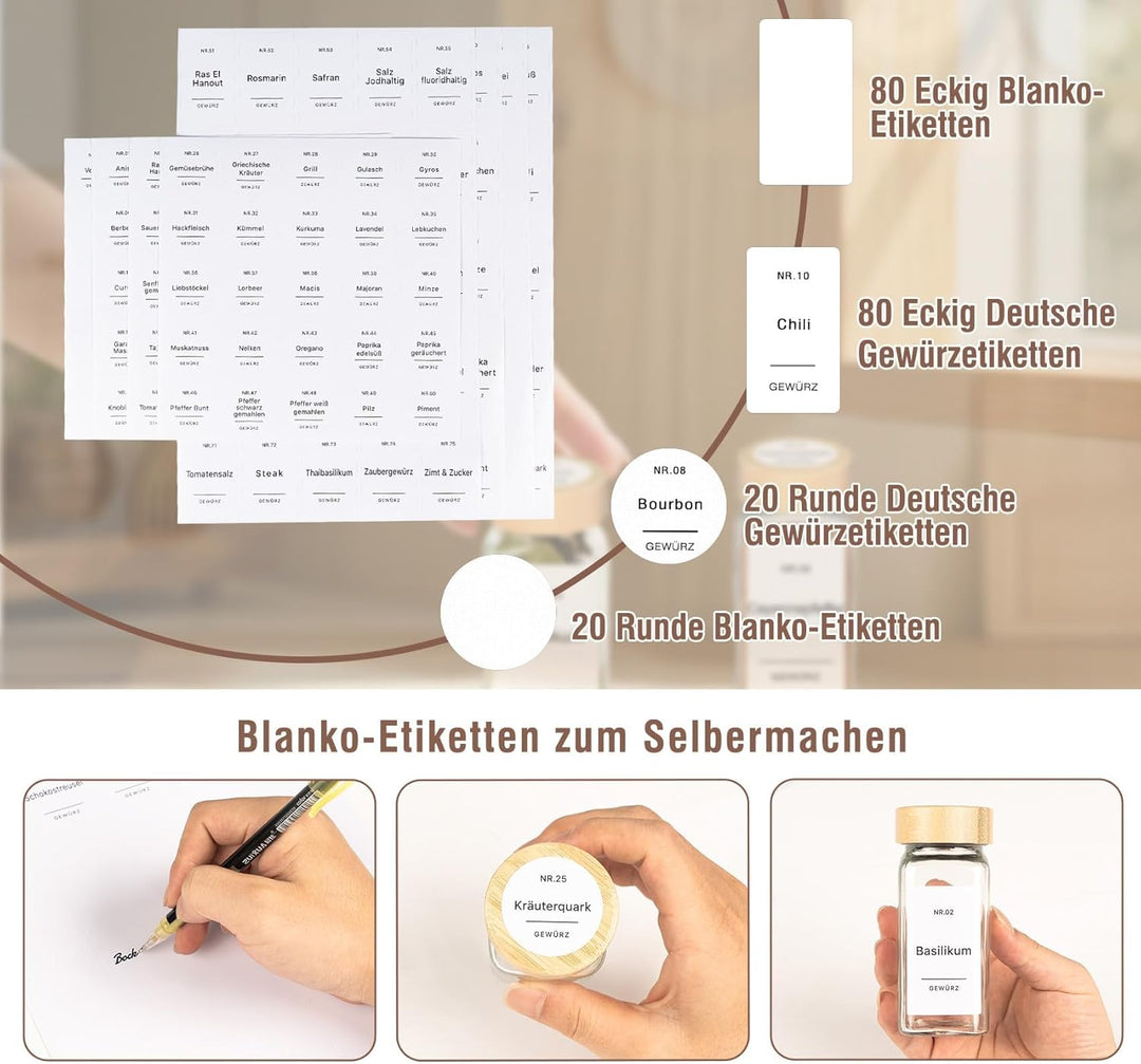 24 Gewürzgläser Eckig Set mit Bambusdeckel 10,5 x 4,5 cm Gewürz Organizer mit Gewürzmühle und 200 We