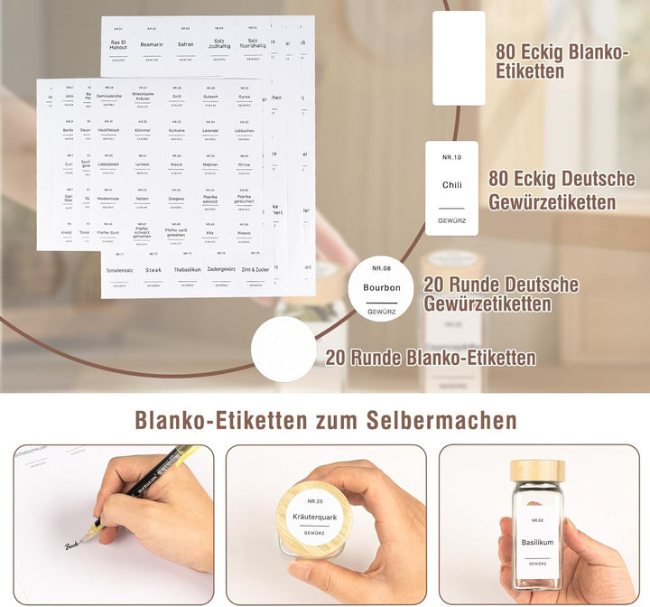 24 Gewürzgläser Eckig Set mit Bambusdeckel 10,5 x 4,5 cm Gewürz Organizer mit Gewürzmühle und 200 We