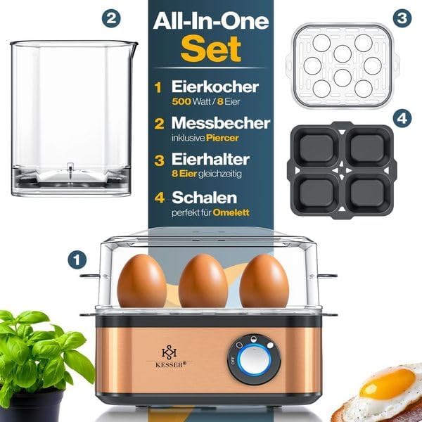 KESSER® Eierkocher für 1 bis 8 Eier elektrisch aus Edelstahl 500W & Warmhaltefunktion | LED-Drehscha