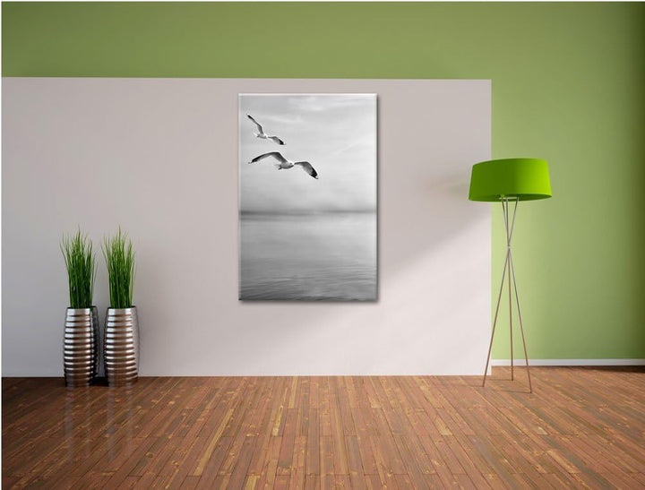 Pixxprint Möwen am Meer bei Sonnenaufgang als Leinwandbild/Grösse: 100x70 / Wandbild/Kunstdruck/fert